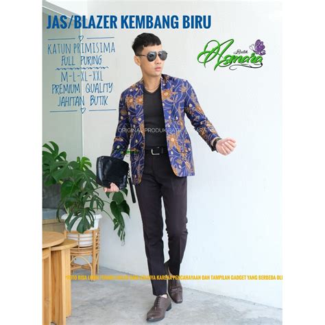 Jual Blazer Kembang Biru Kemeja Batik Pria High Quality Full Furing