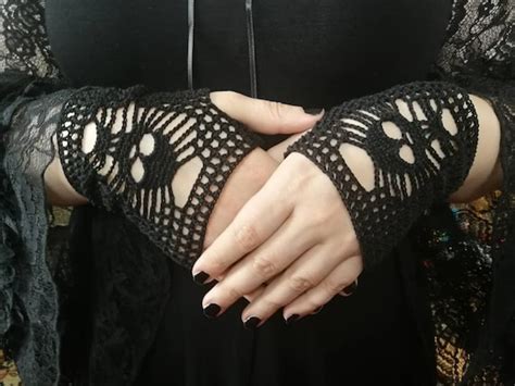 Gothic Crochet Fingerless Gloves Black Lace Short Arm Warmers Etsy