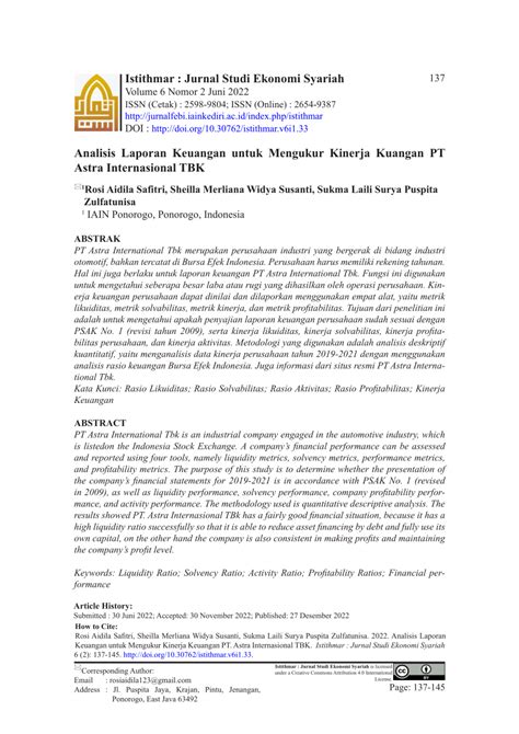 Pdf Analisis Laporan Keuangan Untuk Mengukur Kinerja Kuangan Pt Astra