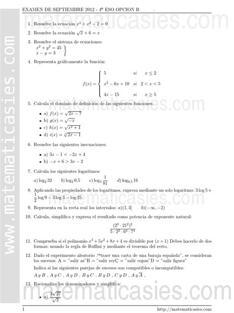 Examen Mates 4º Eso Opcion B Pdf