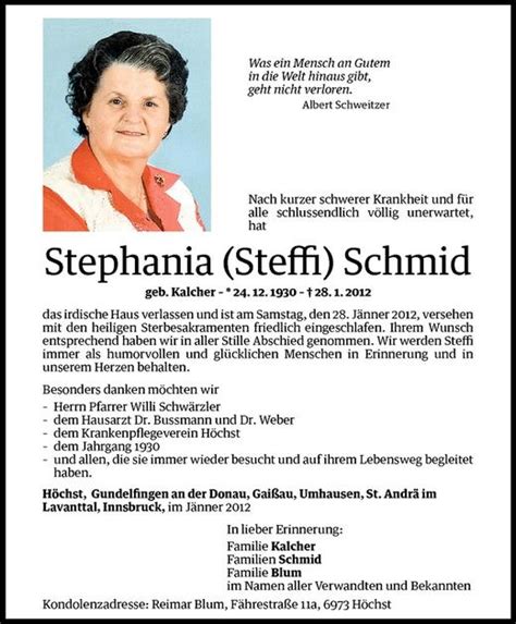 Todesanzeigen Von Stephania Steffi Schmid Todesanzeigen