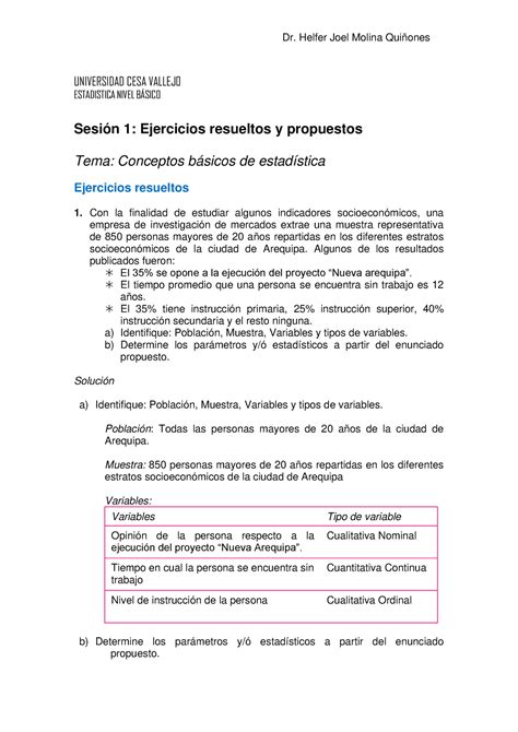 Sesión 1 Ejercicios Resueltos Y Propuestos Universidad Cesa Vallejo Estadistica Nivel B¡sico