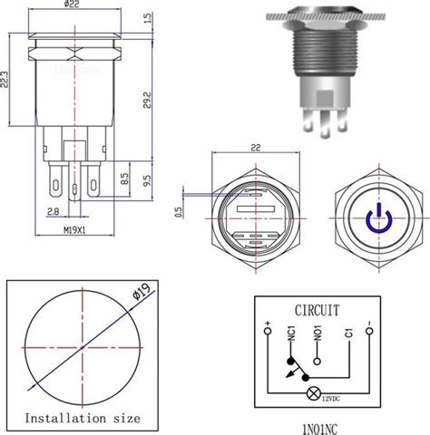 Drukschakelaar Met Socket Rode Verlichting 19mm 1NO1NC Power