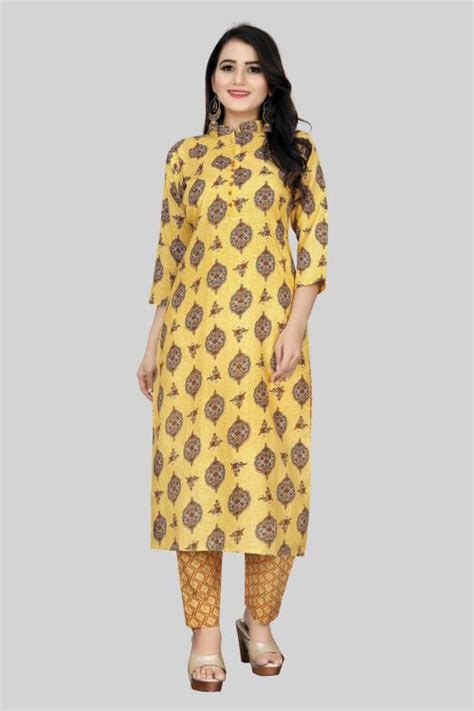 Buy Sky Cloud Women Yellow Printed Cotton Blend Kurta And Trousers Set