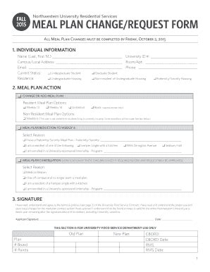 Fillable Online Meal Plan Changebrequest Formb Northwestern Dining