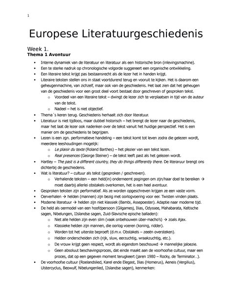 Samenvatting Europese Literatuurgeschiedenis Week 1 7 Europese