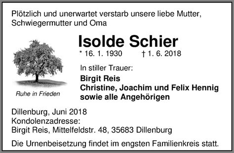 Traueranzeigen Von Isolde Schier Vrm Trauer De