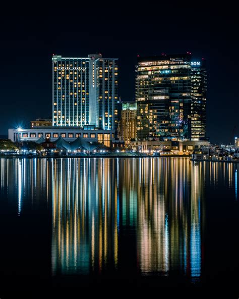 Wallpaper Harbor Night City Buildings Reflection Baltimore Harbor