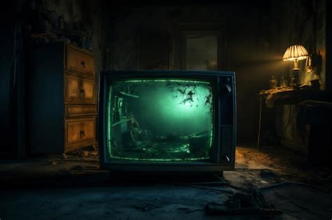 Premium AI Image | Old TV in a dark room Scary halloween concept