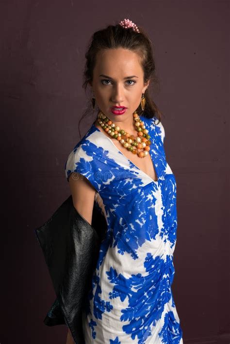 Brunette In Blue Stock Photo Image Of Attractive Slender