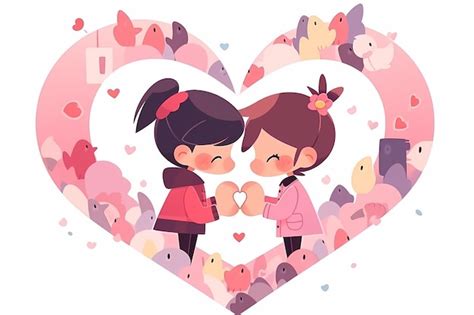 Premium Photo Lesbian Anime Couple Inside Floral Heart Illustration Valentine Romantic Background