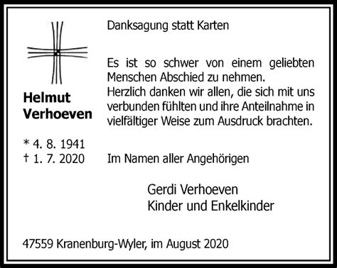 Traueranzeigen Von Helmut Verhoeven Trauer In Nrw De