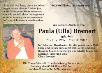 Traueranzeigen Von Paula Bremert Schwarzw Lder Bote Trauer