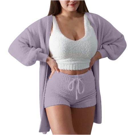 Women S Fuzzy Piece Lounge Set Soft Comfy Pajama Set Cami Crop Top