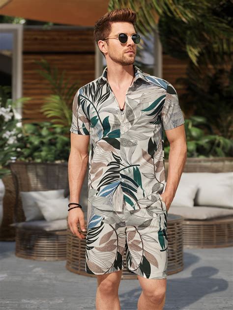 Men Tropical Print Shirt Drawstring Waist Shorts Ropa De Hombre