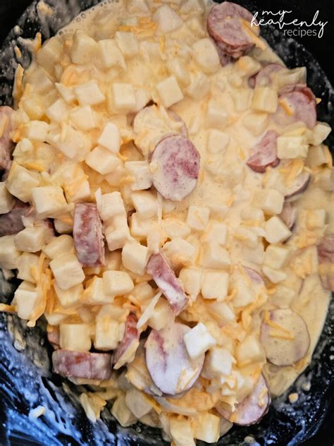 Crockpot Cheesy Potatoes And Kielbasa My Heavenly Recipes