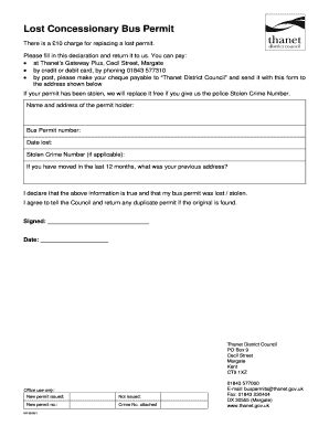 Fillable Online Thanet Gov Lost Bus Permit Form Dot Thanet Gov Fax