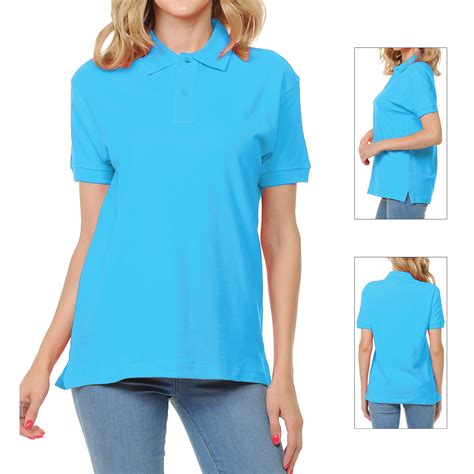 Basico Sky Blue Polo Collared Shirts For Women 100 Cotton Short Sleeve Golf Polo Shirts For