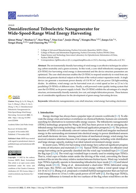 Pdf Omnidirectional Triboelectric Nanogenerator For Wide Speed Range