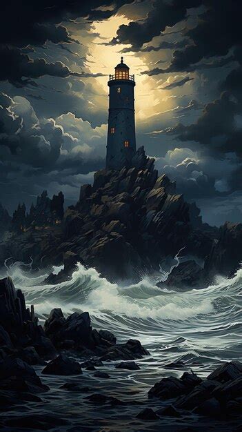 Premium Photo A Painting Of A Lighthouse On A Cliff With The Sun