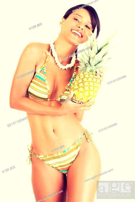 Happy Summer Woman In Bikini With Pineapple Stock Photo Picture And