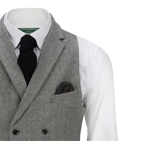 Mens Vintage Martin Grey Herringbone Double Breasted Collar Waistcoat