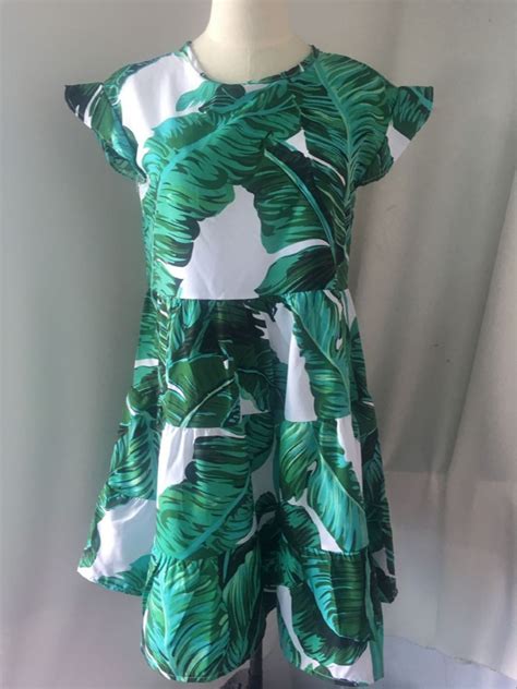 Banana Leaf Print Ruffle Sleeve Summer Dress