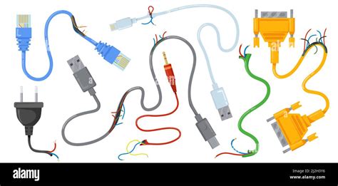 Broken Usb Cables And Wires Vector Illustration Set Damaged Electric