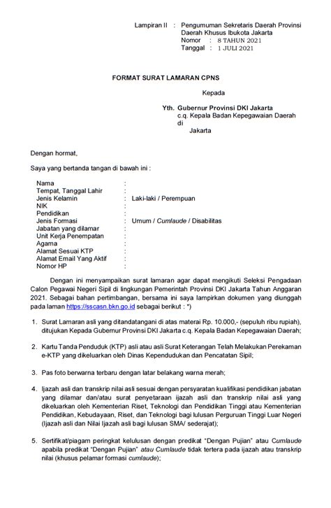 Format Surat Lamaran CPNS 2021 Di Berbagai Instansi Pusat Dan Daerah