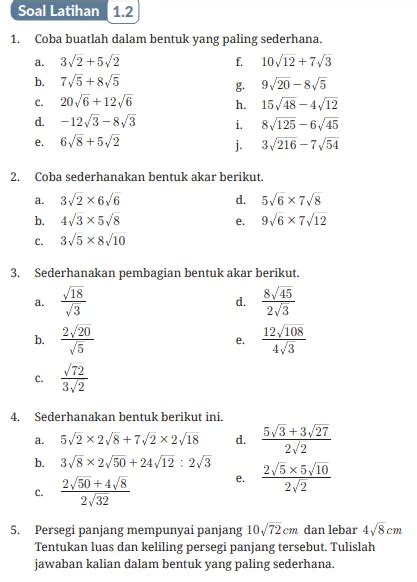 Kunci Jawaban Sifat Sifat Operasi Aljabar Bilangan Bentuk Akar Halaman