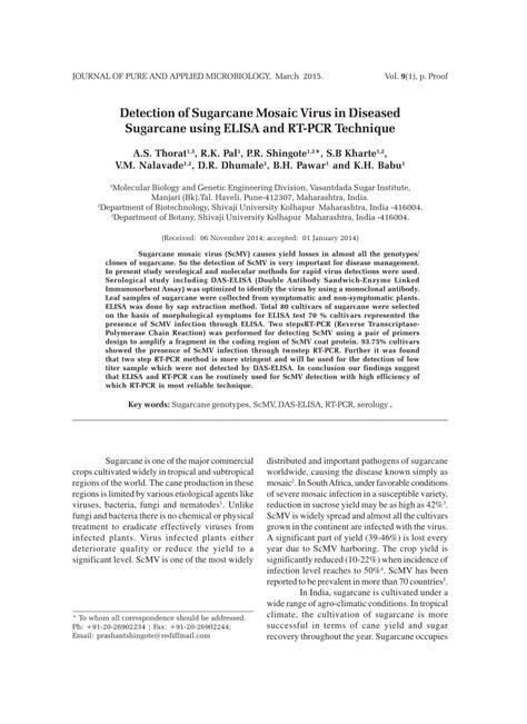 (PDF) Detection of sugarcane mosaic virus in diseased sugarcane using ELISA and RT-PCR technique