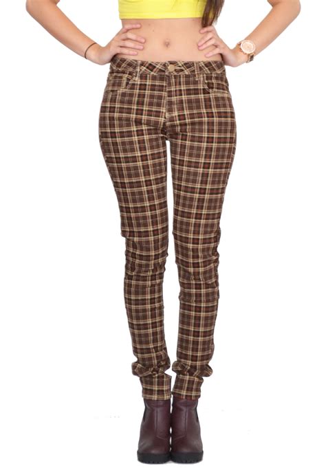 New Womens Brown Tartan Check Plaid Skinny Slim Stretch Pants Trousers