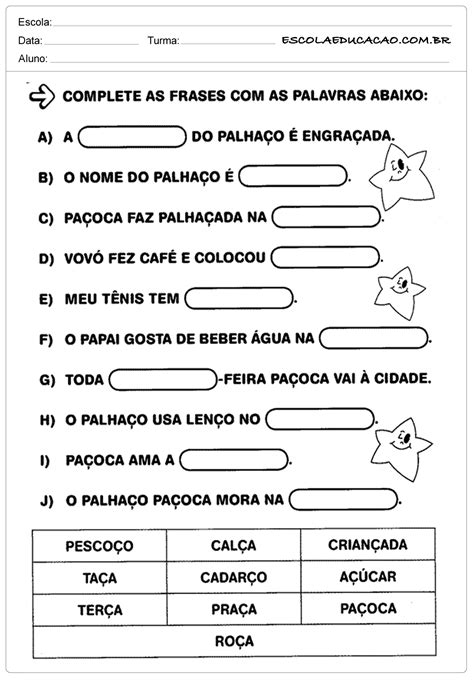 Atividades de Português 1º ano Complete as frases Escola Educação