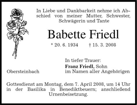 Traueranzeigen Von Babette Friedl Trauer Merkur De