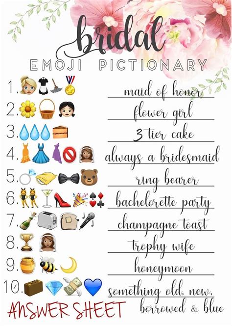 Bridal Shower Emoji Pictionary Guessing Game With Answer Key From The