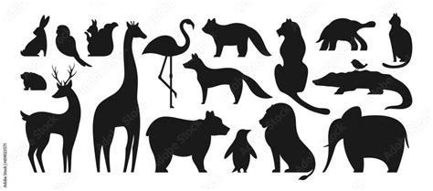 Animal silhouette shape set. Cute parrot squirrel, frog, giraffe. Panda ...