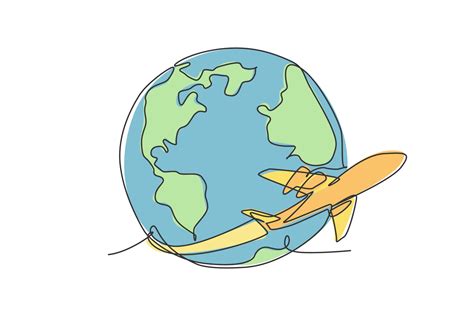 Airplane Flying Around The Earth Single Continuous Line World Globe