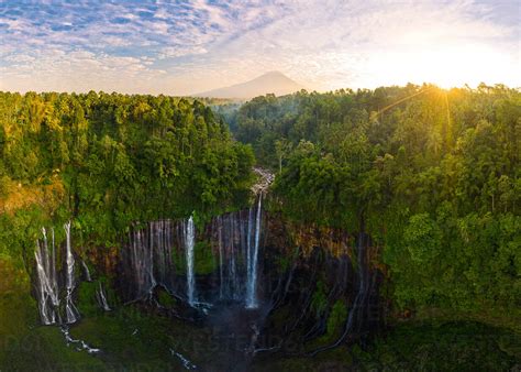 Panoramic Aerial View Of Tumpak Sewu Waterfall In Sunny Day Indonesia