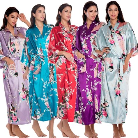 Lengthen Peacock Robe Women S Kimono Bathrobe Wedding Robe Night Gown Sleepwear Silk Satin Plus