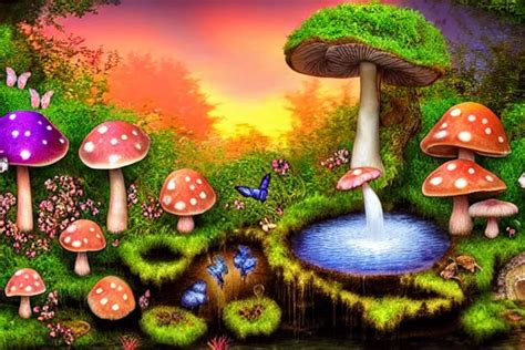 An Enchanted Mushroom Garden With Waterfalls Stable Diffusion