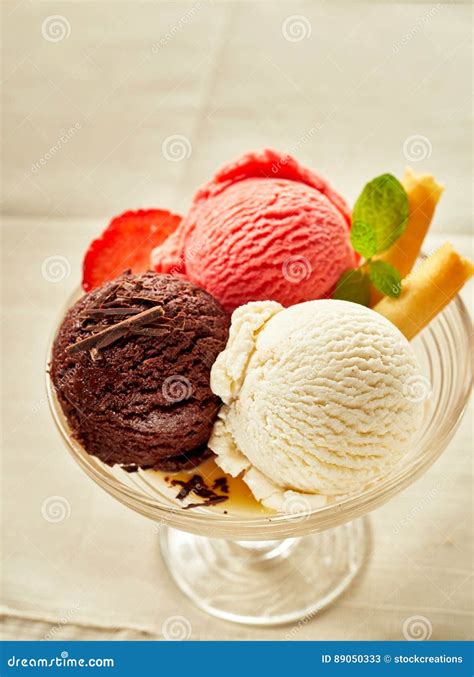 Neapolitan Flavored Ice Cream Dessert Sundae Stock Image Image Of