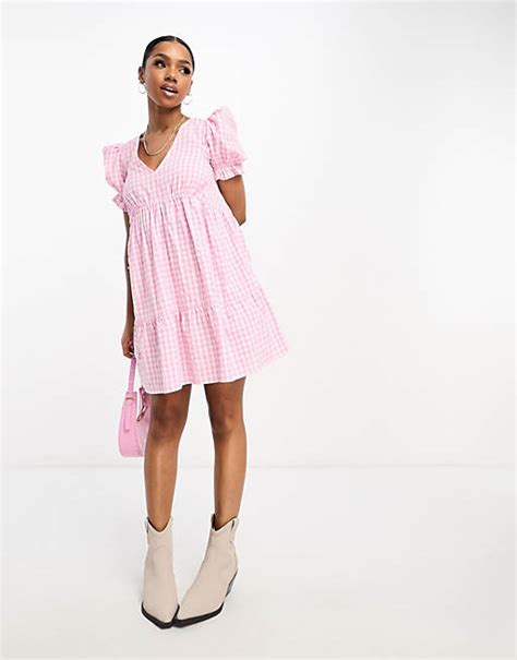 Miss Selfridge Puff Sleeve Tiered Smock Dress In Textured Gingham Asos