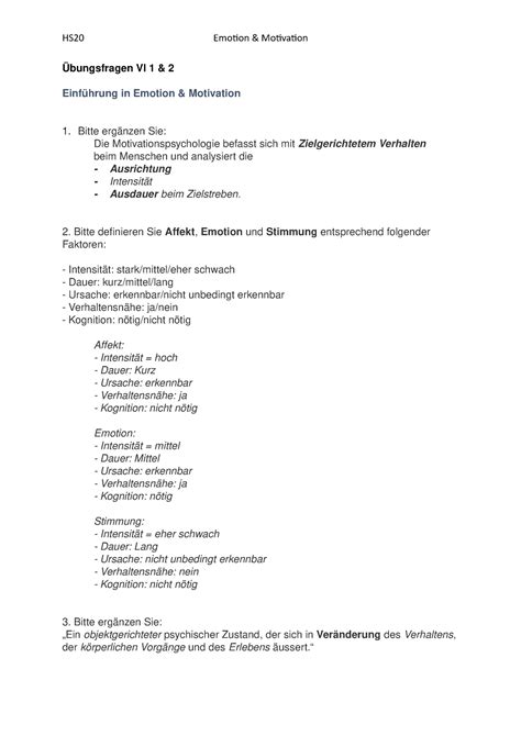 Uebungsfragen Vl1 2 HS20 Mit Eigenen Antworten Emotion Und Motivation