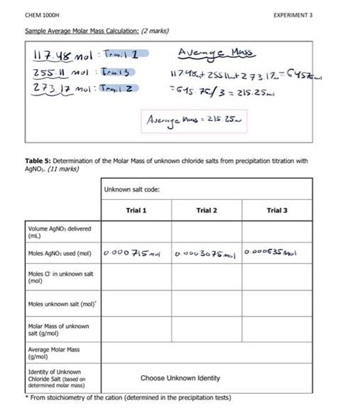 Chem H Experiment Question Calculate The Chegg