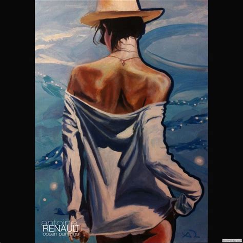 A Painting Of A Woman In The Water Wearing A White Shirt And Hat With