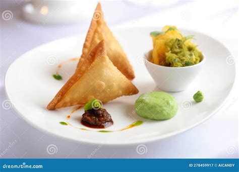 deconstructed samosa plate  crispy pastry triangles spiced