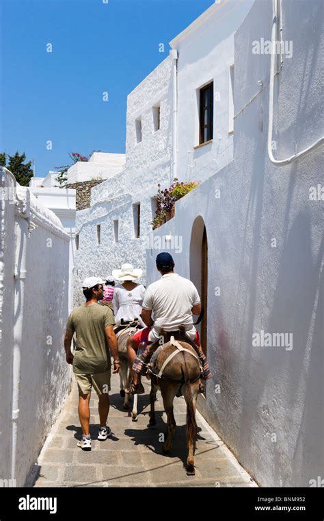 Tourists Riding Donkeys Up To The Acropolis In The Village Of Lindos