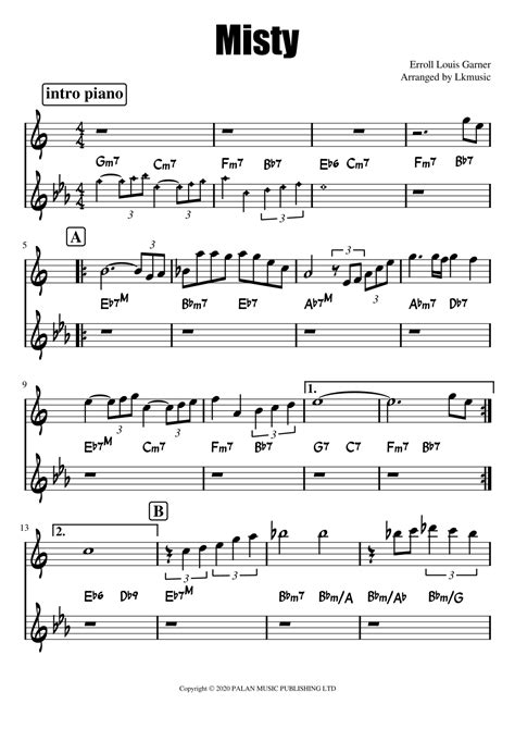 Misty Arr Lkmusic By Erroll Louis Garner Sheet Music For Alto Sax And Piano At Sheet Music Direct