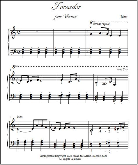 Toreador Piano Sheet Music Easy Late Elementary Arrangements