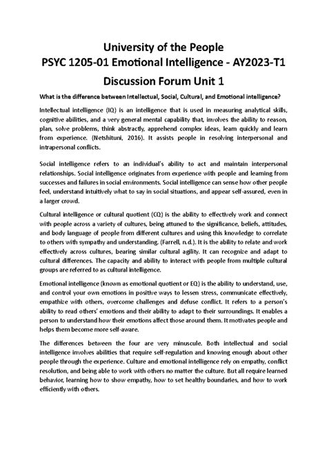 PSYC 1205 Discussion Forum Unit 1 University Of The People PSYC